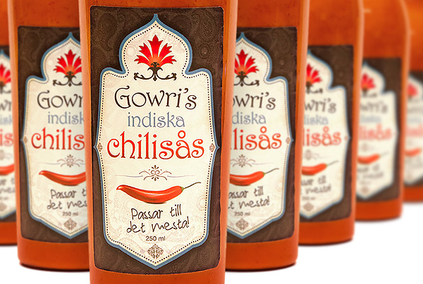 Etikett och produktfoto Gowris indiska chilisås